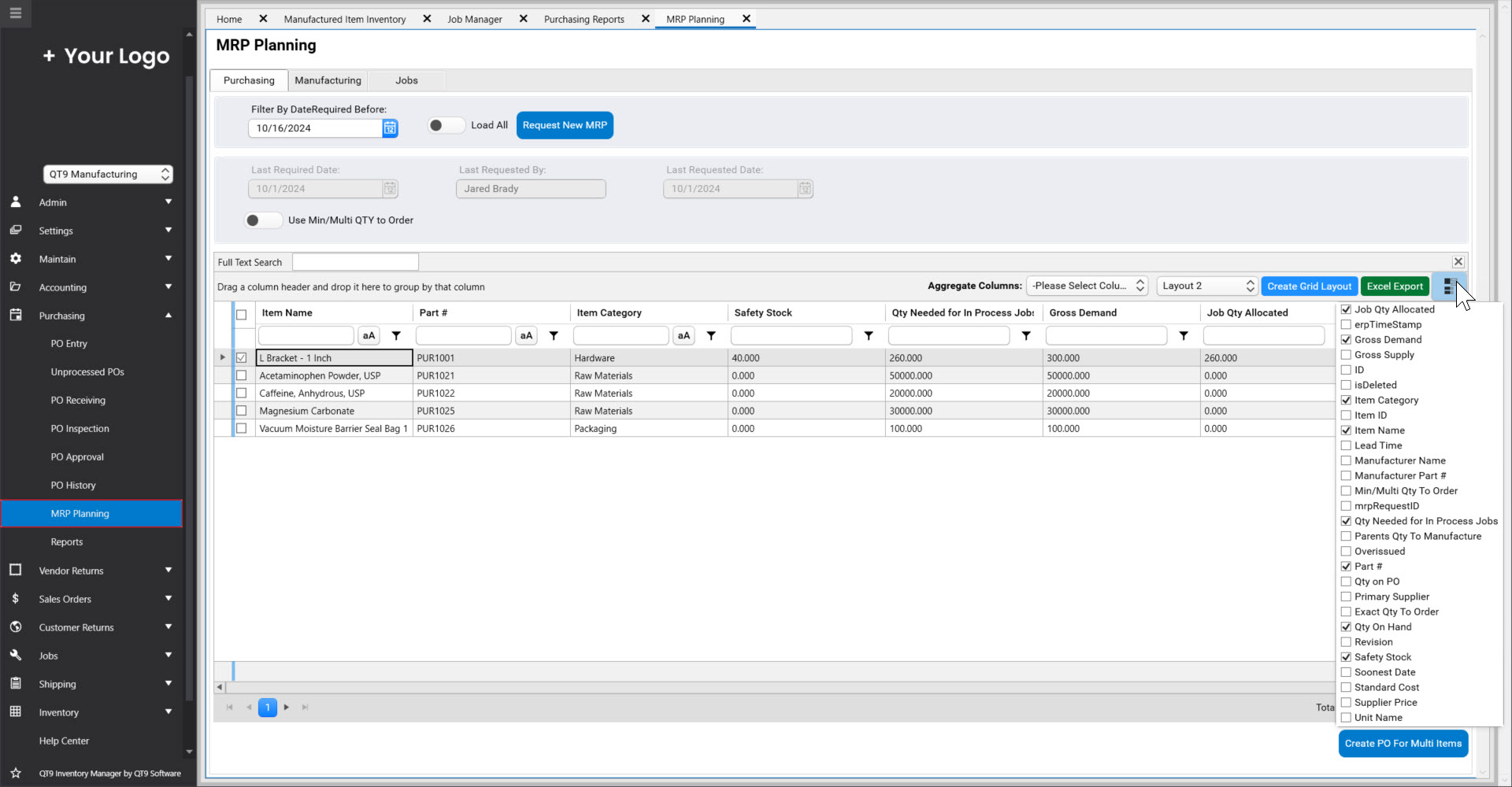 screenshot of QT9 MRP